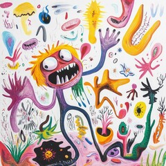 Poster - Vibrant and whimsical pop art of a playful round bodied monster with long limbs frolicking in an abstract landscape of bright colors and quirky shapes
