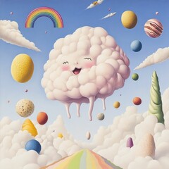 Poster - Whimsical and serene floating cloud like creature drifting through a vibrant dreamlike landscape filled with rainbows pastel shapes and other abstract playful elements