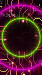 Poster - Animation of neon circles, data processing over computer circuit board