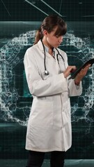 Poster - Female doctor using digital tablet against screens with medical data processing