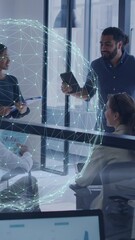 Poster - Animation of network of connections with globe over diverse business people in office