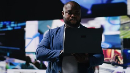 Poster - High tech black user connecting on web platforms with vibrant digital interfaces and data visualizations, showcasing mobile networking engagement. Social media web experience. Camera B.