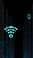 Poster - Animation of cloud and wifi icons, data processing over computer servers