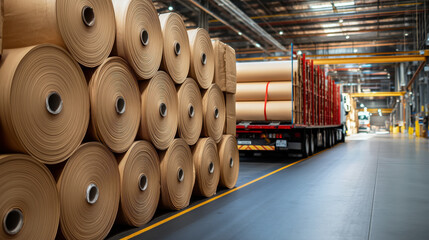 Poster - Stacked Rolls of Brown Kraft Paper in a Warehouse with a Delivery Truck and Bright Industrial Lighting