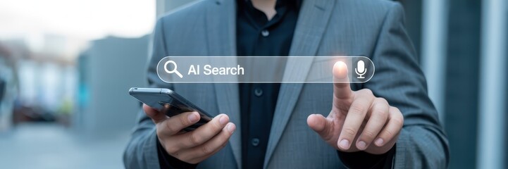 Person interacting with a transparent search bar on a mobile phone.