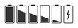 © uniqueartr - Black battery charging and power level icon set in minimal flat style. This vector illustration includes six battery status icons, from empty to full, with a charging symbol.