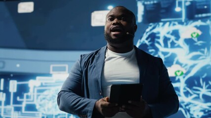 Poster - Black public speaker host presenting AI neural networks at live event, sharing insight on machine learning and predictive analytics. Young engineer presenter at tech convention. Camera B.
