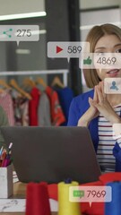 Poster - Animation of multiple notification bars over diverse female designer explaining design to coworkers