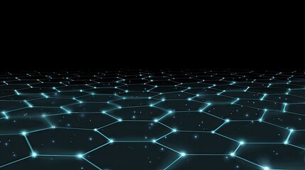Fototapete - Futuristic digital hexagonal network glowing with electric blue light and data points on black background