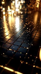 Wall Mural - abstract background of shiny black tiled floor with golden bokeh lights and shimmering reflections, 