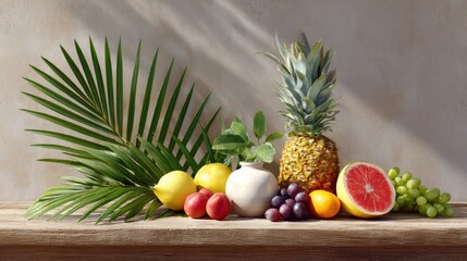 Poster - Tropical collage of fruit textures and shadows on rustic industrial wall, exotic tones and gritty feel