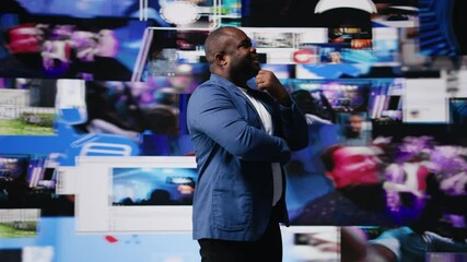 Poster - Smiling african american influencer being connected on vibrant digital interfaces and visualizations, representing mobile content creation, global reach and social network experiences. Camera A.