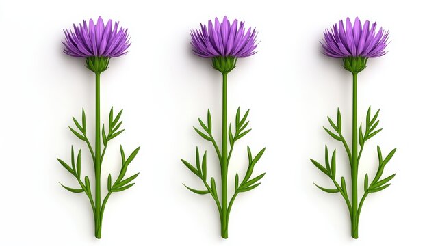 Three Purple Thistle Flowers on White Background Low Poly 3D Render