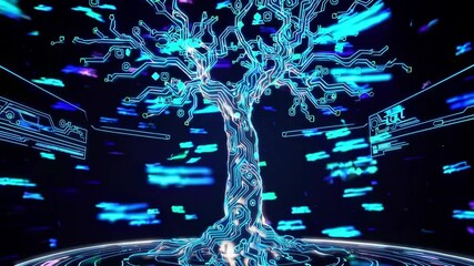 Leinwandbilder - Futuristic tech tree with glowing blue circuit branches, digital elements, neon light effects, innovation, technology, and cyber concept abstract