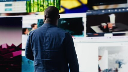 Poster - African american person connected in a world of platforms and digital content, future of social engagement, AI driven networks and interactive web experiences. User interface. Camera B.
