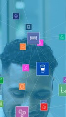 Poster - Animation of connections with tech icons over happy man in office