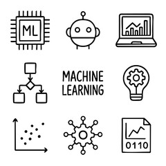Poster - A set of doodle line icons illustrating machine learning, artificial intelligence, neural networks, algorithms, big data, and analytics tools