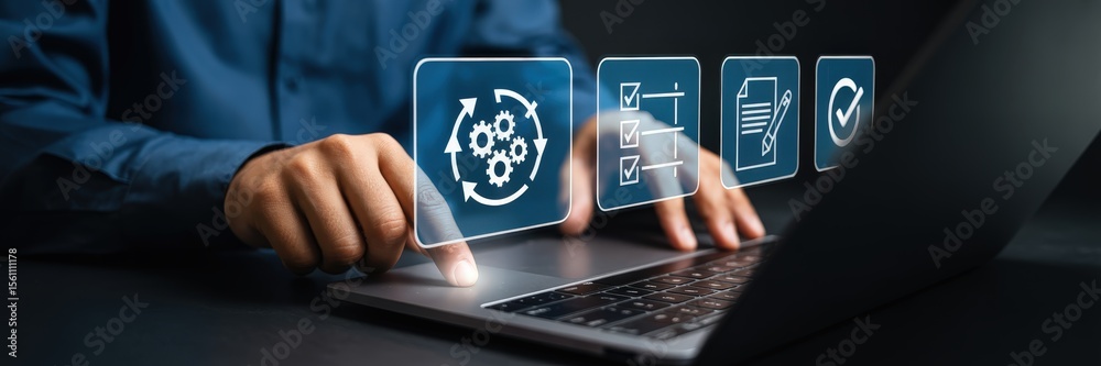 Work In Process Computer Person using a laptop with workflow process interface. Stock Photo ...