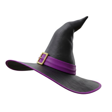 A 3D rendered witch's hat, dark grey with purple accents and a gold buckle, is shown against a transparent background. The hat is angled, showcasing its texture and details.