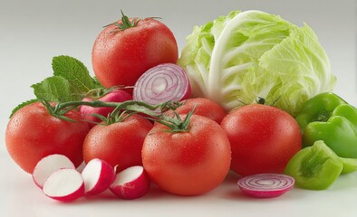 Poster - Fresh and colorful vegetables including ripe tomatoes lettuce onion radish and green bell peppers arranged on a white background for healthy eating