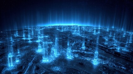 Aufkleber - futuristic cityscape at night illuminated with vibrant blue glowing skyscrapers and high-tech digital infrastructure for smart urban development