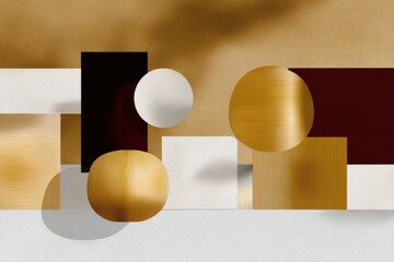 Aufkleber - Modern geometric minimalistic still life composition with spherical and cubic shapes in gold, black, white, and beige on a textured gold background