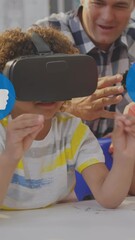 Poster - Animation of social media like icons over diverse school children using vr headset in classroom