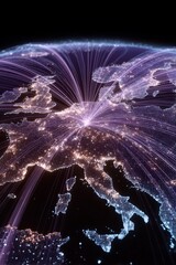 Poster - Digital network visualization of Europe with illuminated countries and interconnected glowing data pathways across the continent at night