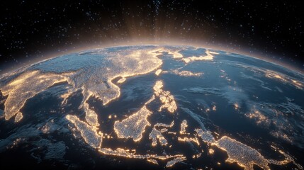 Poster - Stunning view of Earth from space showing illuminated continents and cities with a bright sunrise line over the horizon and starry sky background