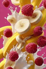 Poster - Close-up of Fresh Raspberries Banana Slices and Splashing Milk Scene with Bright Pink Background for Food Freshness and Healthy Snack Concept