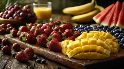 Poster - Fresh Assorted Fruit Platter with Ripe Berries Mango Watermelon Bananas and Juicy Grapes on Rustic Wooden Table