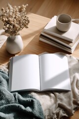 Poster - Cozy reading corner with open book, ceramic mug, stack of books, dried flowers in a vase, natural sunlight, relaxing home decor scene