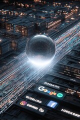 Aufkleber - Futuristic digital cityscape at night with glowing skyscrapers and a large holographic sphere representing advanced technology and connectivity