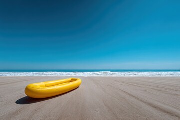 Poster - Wide Angle View of Empty Sandy Beach with Bright Yellow Inflatable Boat Under Clear Blue Sky with Gentle Ocean Waves and Calm Horizon Scene