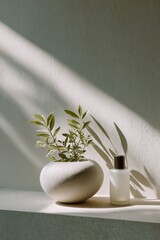 Poster - Minimalist plant with green leaves in a round white ceramic vase next to a white dropper bottle on a light surface with soft shadows and natural sunlight in a clean modern interior setting
