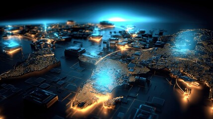 Poster - Futuristic Cityscape at Night with Illuminated Sky and Advanced Technology Infrastructure in a Cyberpunk Style