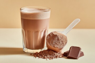 Poster - Tall glass of chocolate milk with a spoonful of cocoa powder and pieces of chocolate on a neutral background