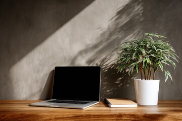 Poster - Modern minimalist workspace with an open laptop notebook and lush indoor plant on wooden desk against concrete wall background