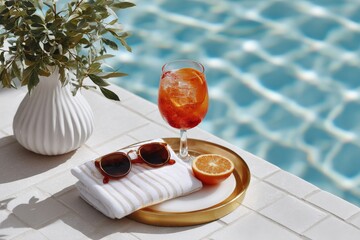 Poster - Refreshing fruit cocktail with ice and orange slice on a golden tray beside a swimming pool with rippling blue water and a white tiled surface, summer outdoor leisure scene