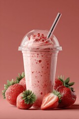 Poster - Refreshing Strawberry Milkshake in Clear Plastic Cup with Straw Surrounded by Fresh Whole Strawberry Fruits on Pink Background