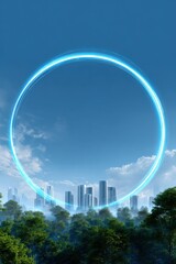 Poster - Stunning futuristic cityscape with modern skyscrapers and lush green trees beneath a bright blue sky featu a glowing neon circle