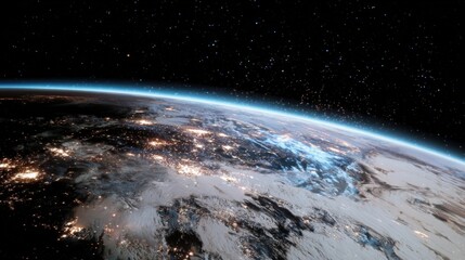 Poster - Stunning View of Earth from Space Showing Night Lights and Atmosphere with Starry Sky in the Background