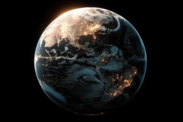 Poster - Vibrant Earth from Space with Illuminated Continents and Night Lights Highlighting Urban Areas and Natural Landforms in Deep Space