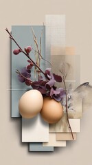 Aufkleber - Artistic composition of beige and brown eggs with purple foliage branches and abstract geometric background for sp or nature themed decor