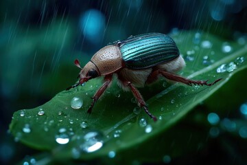 Poster - Close-up of a detailed beetle with metallic green and brown body walking on a wet green leaf du a rainy day with water droplets