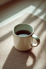 Aufkleber - Minimalist white ceramic coffee mug filled with hot dark beverage on beige textured surface with soft shadows and natural lighting