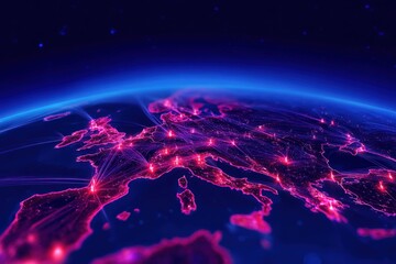Poster - A stunning view of Earth from space at night showing vibrant illuminated city lights across Europe and surrounding regions with a bright starry sky and atmosphere