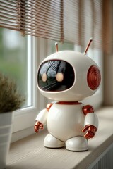 Poster - Adorable white robot toy with large black eyes and red accents standing on ill with blinds and greenery outside in natural daylight
