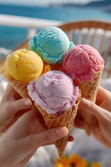 Aufkleber - Hand holding three colorful ice cream cones with scoops of yellow pink blue and purple ice cream against a blurred outdoor background with a wooden chair and ocean scene