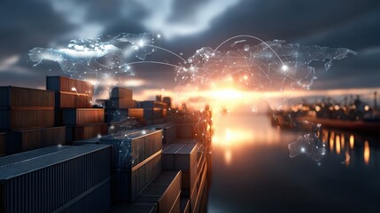 Poster - Modern logistics and cargo shipping scene with containers and digital global network technology du sunset at port